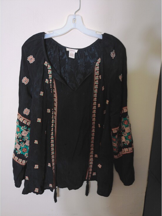 Sundance Tops - Sundance Womens Embroidered Tunic Blouse Size L Black Boho Peasant Tassel Tie